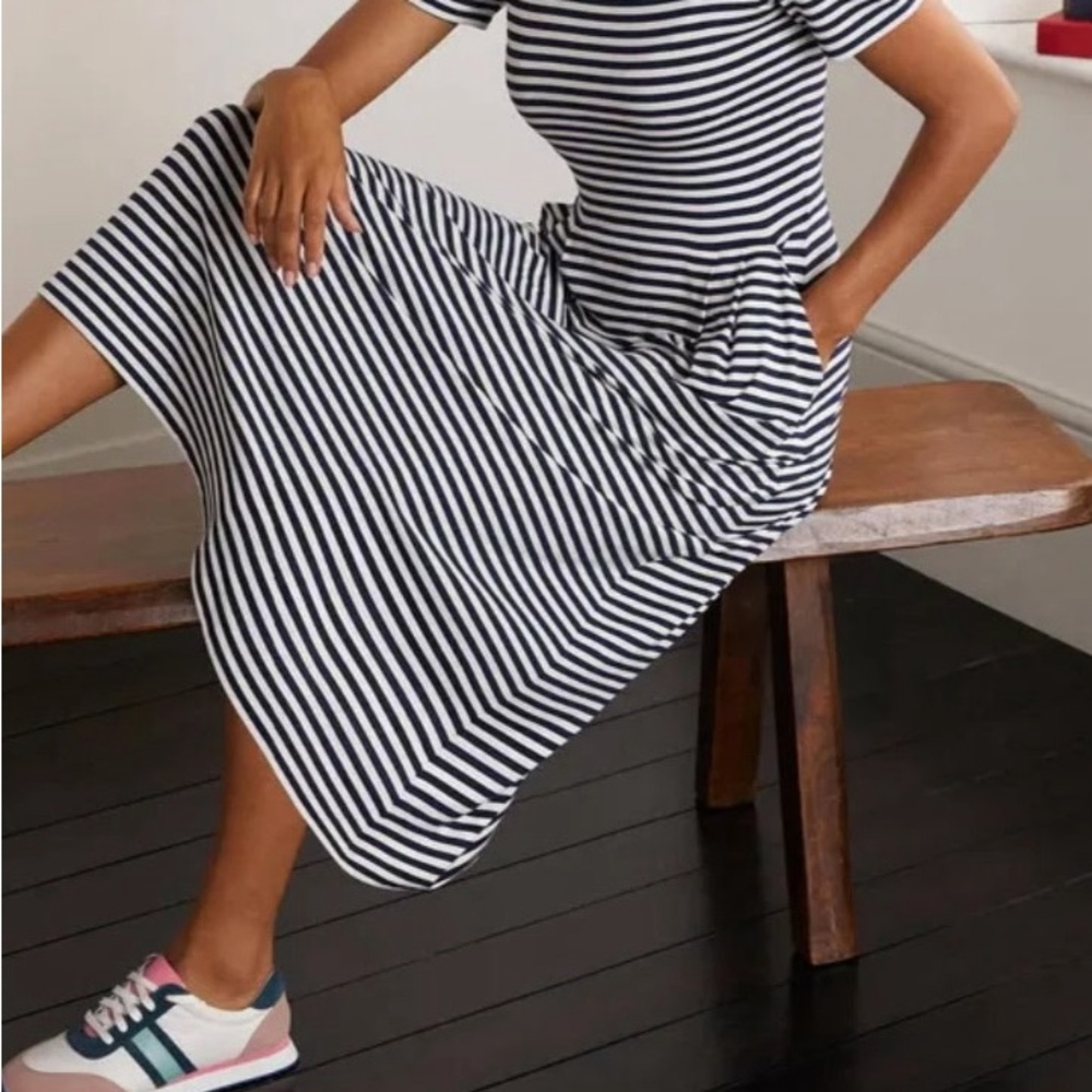 Boden Black and White Striped Midi Dress Pleat chic Parisian Sailor